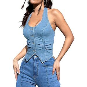 Women's Denim Vest Sleeveless Crop Top Halter Button Front Vintage Stretch